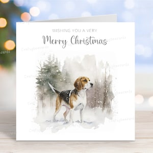 Carte de Noël Beagle, carte de voeux de chien « Joyeux Noël », scène d'hiver festive, 6 x 6 po
