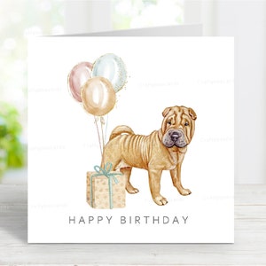 Cartão de aniversário Shar Pei, cartão de felicitações divertido para cães, linda imagem em aquarela, 6" x 6", em branco por dentro
