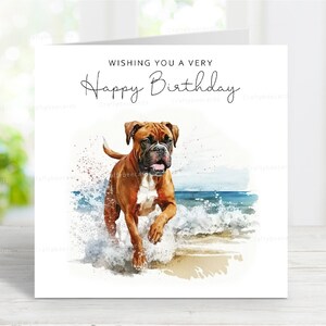 Boxer Hund Geburtstagskarte, Spaß Grußkarte, reizende Strandszene, 6 "x 6", innen leer