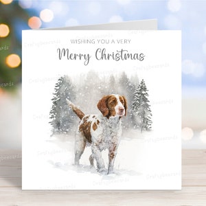Carte de Noël de Bretagne, belle carte de voeux festive de chien « Joyeux Noël », scène de neige d'hiver amusante, 6 x 6 po, blanc à l'intérieur