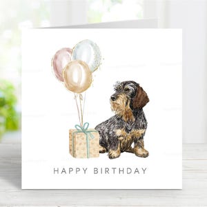Cartão de aniversário de Dachshund (pelo duro), cartão de felicitações divertido para cães, 6" x 6", em branco por dentro