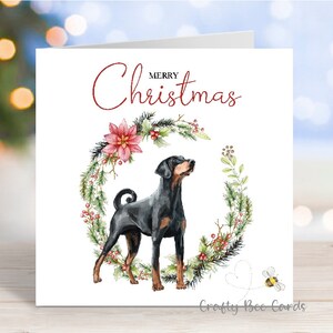 Tarjeta navideña con Doberman, tarjeta de felicitación festiva con el mensaje "Feliz Navidad", 6" x 6"