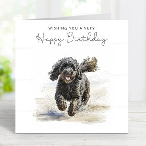 Cockapoo (Schwarz) Geburtstagskarte, schöner Hund Grußkarte, lustige Strandszene, 6 "x 6", innen leer