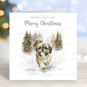 Carte de Noël Shih Tzu, belle carte de voeux festive pour chien « Joyeux Noël », scène de neige hivernale amusante, 6 x 6 po, intérieur vierge (2 modèles)