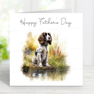 Vaderdagkaart Engelse springerspaniël, Happy Father's Day hondenwenskaart, 6 x 6 inch (ontwerpnr. 2)