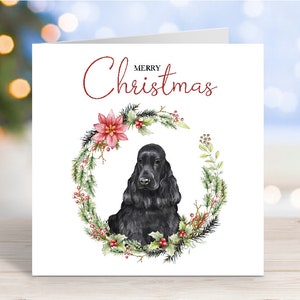 Tarjeta navideña de Cocker Spaniel (negro), "Feliz Navidad", 15 x 15 cm