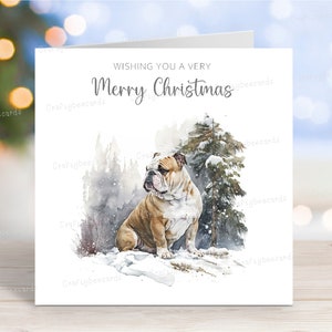 Carte de Noël bouledogue, carte de voeux de chien « Joyeux Noël », scène d'hiver festive, 6 x 6 po