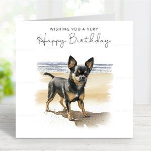 Chihuahua (Smooth Coat Black & Tan) Geburtstagskarte, schöne Hund Grußkarten, lustige Strandszene, 6 "x 6", innen leer