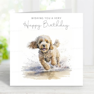 Carte d'anniversaire Cockapoo (crème), belle carte de voeux de chien, scène de plage amusante, 6 x 6 po, blanc à l'intérieur