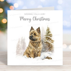 Carte de Noël Cairn Terrier, carte de voeux saisonnière pour chien joyeux Noël, scène de neige festive d'hiver, 6 x 6 po, blanc à l'intérieur