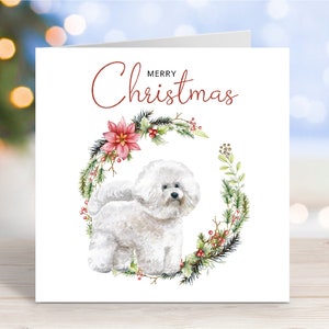 Tarjeta navideña con un bichón frisé. Tarjeta de felicitación festiva para perros con la frase "Feliz Navidad", 6" x 6"