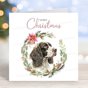 Tarjeta navideña con un Springer Spaniel Inglés, "Feliz Navidad", 15 x 15 cm - Diseño n.° 3