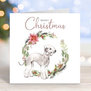 Carte de Noël Bedlington Terrier, carte de voeux « Joyeux Noël », chien festif, 6 x 6 po
