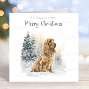 Carte de Noël Cocker spaniel (doré), carte de voeux de chien « Joyeux Noël », scène d'hiver festive, 6 x 6 po