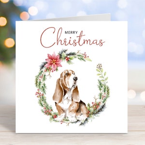 Carte de Noël Basset Hound, carte de voeux de fête « Joyeux Noël », chien, 6 x 6 po
