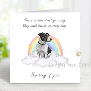 Tarjeta de condolencias para un Jack Russell Terrier (de pelo liso) - Tarjeta de un perro que piensa en ti - Frase sentimental sobre la pérdida de un perro - Tarjeta Puente Arcoíris - 15 x 15 cm