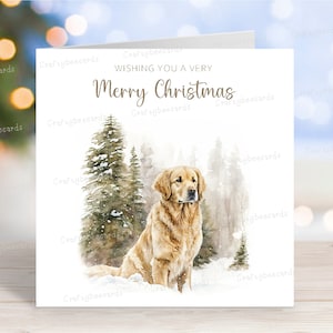 Carte de Noël Golden Retriever, carte de voeux de chien « Joyeux Noël », scène d'hiver festive, 6 x 6 po