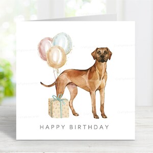 Rhodesian Ridgeback Geburtstagskarte, lustige Hund Grußkarte, reizendes Aquarell Bild, 15,5 x 15 cm, innen leer