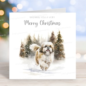 Carte de Noël Shih Tzu, belle carte de voeux festive pour chien « Joyeux Noël », scène de neige hivernale amusante, 6 x 6 po, intérieur vierge (modèle 3)
