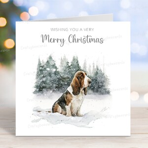 Carte de Noël Basset Hound, carte de voeux de chien « Joyeux Noël », scène d'hiver festive, 6 x 6 po