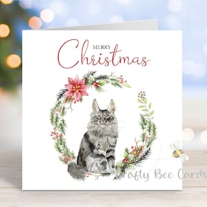 Carte de Noël chat Maine coon (argent/gris), carte de voeux festive « Joyeux Noël », 6 x 6 po.