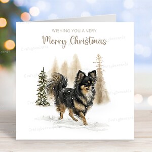 Tarjeta navideña para chihuahua (pelo largo, blanco y negro). Tarjeta de felicitación navideña con escena invernal, 15 x 15 cm.