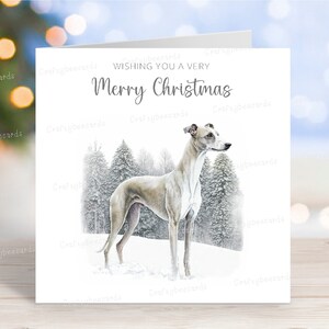 Carte de Noël Whippet, belle carte de voeux festive pour chien « Joyeux Noël », scène de neige hivernale amusante, 6 x 6 po, blanc à l'intérieur