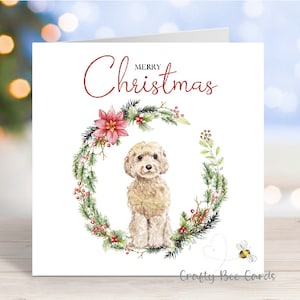 Tarjeta navideña de Cockapoo (negro, marrón o crema). Tarjeta de felicitación navideña para perros, 15 x 15 cm.