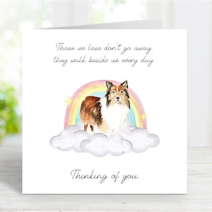 Tarjeta de condolencias para perro pastor de Shetland (sable, merle o tricolor) - Pensando en ti, frase sentimental sobre la pérdida de un perro - Tarjeta Puente Arcoíris - 15 x 15 cm