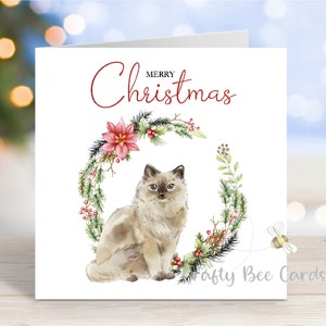 Cartão de Natal Ragdoll Cat, Cartão de Saudações Festivas 'Feliz Natal', 6" x 6"