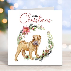 Carte de Noël Shar Pei, carte de voeux « Joyeux Noël », chien festif, 6 x 6 po
