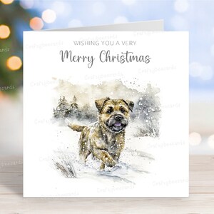 Borderterriër kerstkaart, mooie feestelijke 'Merry Christmas' hondenwenskaart, leuke wintersneeuw, 6 x 6 inch blanco binnenkant (ontwerp 2)