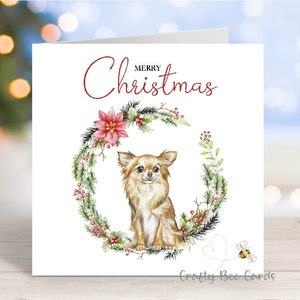 Tarjeta navideña para chihuahua (de pelaje largo), tarjeta de felicitación navideña para perros, 15 x 15 cm