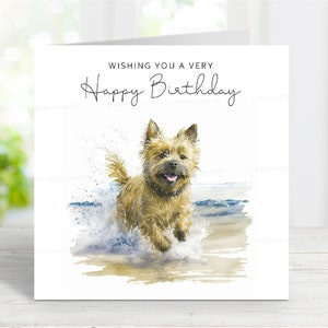 Carte d'anniversaire Cairn Terrier, belle carte de voeux de chien, scène de plage amusante, 6 x 6 po, blanc à l'intérieur