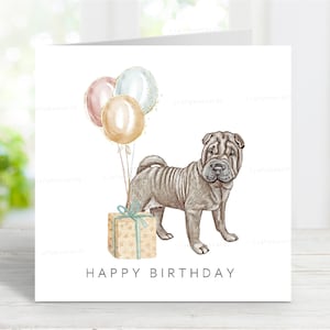 Shar Pei (grau) Geburtstagskarte, lustige Hund Grußkarte, reizendes Aquarell Bild, 6 "x 6", innen leer."