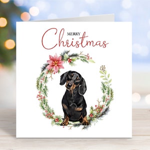 Carte de Noël teckel (poil lisse noir et feu), carte de voeux « Joyeux Noël », chien festif, 6 x 6 po