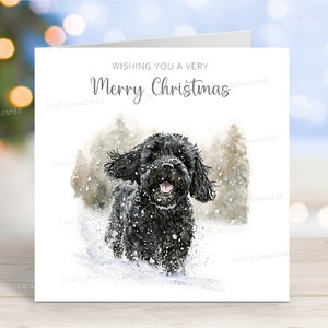 Carte de Noël Cockapoo (noir), carte de voeux de chien « Joyeux Noël », scène d'hiver festive, 6 x 6 po