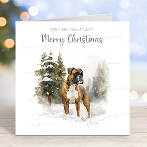 Carte de Noël Boxer, carte de voeux pour chien « Joyeux Noël », scène d'hiver festive, 6 x 6 po