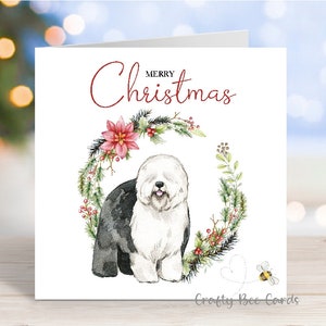 Vieille carte de Noël de chien de berger anglais, carte de voeux de chien de fête « Joyeux Noël », 6 x 6 po