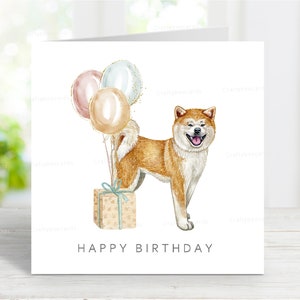 Tarjeta de cumpleaños de Akita, adorable tarjeta de felicitación de perro, preciosa imagen de acuarela, 15 x 15 cm, interior en blanco