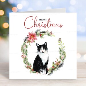 British Shorthair Black and White Cat Christmas Card, 'Merry Christmas' Festive Greetings Card, 6" x 6"