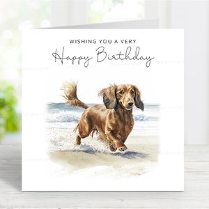 Carte d'anniversaire teckel (poil long rouge), belle carte de voeux de chien, scène de plage amusante, 6 x 6 po, blanc à l'intérieur