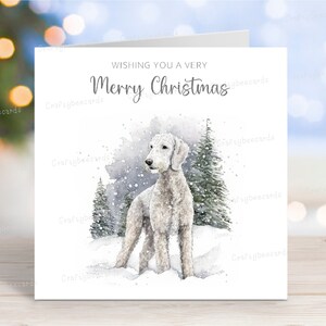 Carte de Noël Bedlington Terrier, carte de voeux pour chien « Joyeux Noël », scène d'hiver festive, 6 x 6 po