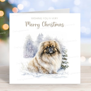 Pekinese / Peke Weihnachtskarte, schöne festliche 'Merry Christmas' Hund Grußkarte, lustige Winter-Schnee-Szene, 6 "x6", innen leer