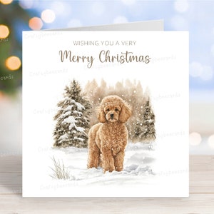 Carte de Noël caniche (abricot), belle carte de voeux festive pour chien « Joyeux Noël », scène de neige hivernale amusante, 6 x 6 po, blanc à l'intérieur