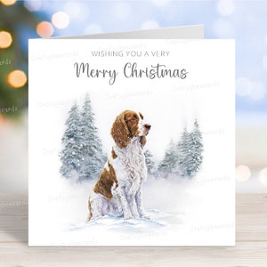 Carte de Noël pour épagneul gallois Springer, belle carte de voeux festive pour chien « Joyeux Noël », scène de neige amusante en hiver, 6 x 6 po, blanc à l'intérieur