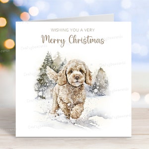Carte de Noël Cockapoo (crème), carte de voeux de chien « Joyeux Noël », scène d'hiver festive, 6 x 6 po.