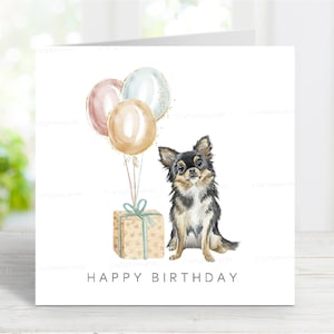 Tarjeta de cumpleaños para un chihuahua (de pelaje largo), divertida tarjeta de felicitación para perros, preciosa imagen de acuarela n.° 2, 15 x 15 cm, interior en blanco.