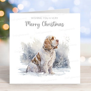 Clumber Spaniel Weihnachtskarte, schöne festliche 'Merry Christmas' Hund Grußkarte, lustige Winter Schneeszene, 6 "x6", innen leer