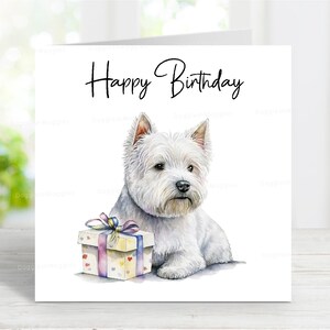 Verjaardagskaart West Highland White Terrier, schattige Westie-hondwenskaart, 6 x 6 inch, blanco binnenkant